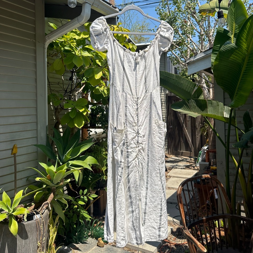 REFORMATION Cream & Black Linen Midi Dress (with pockets) size 8
